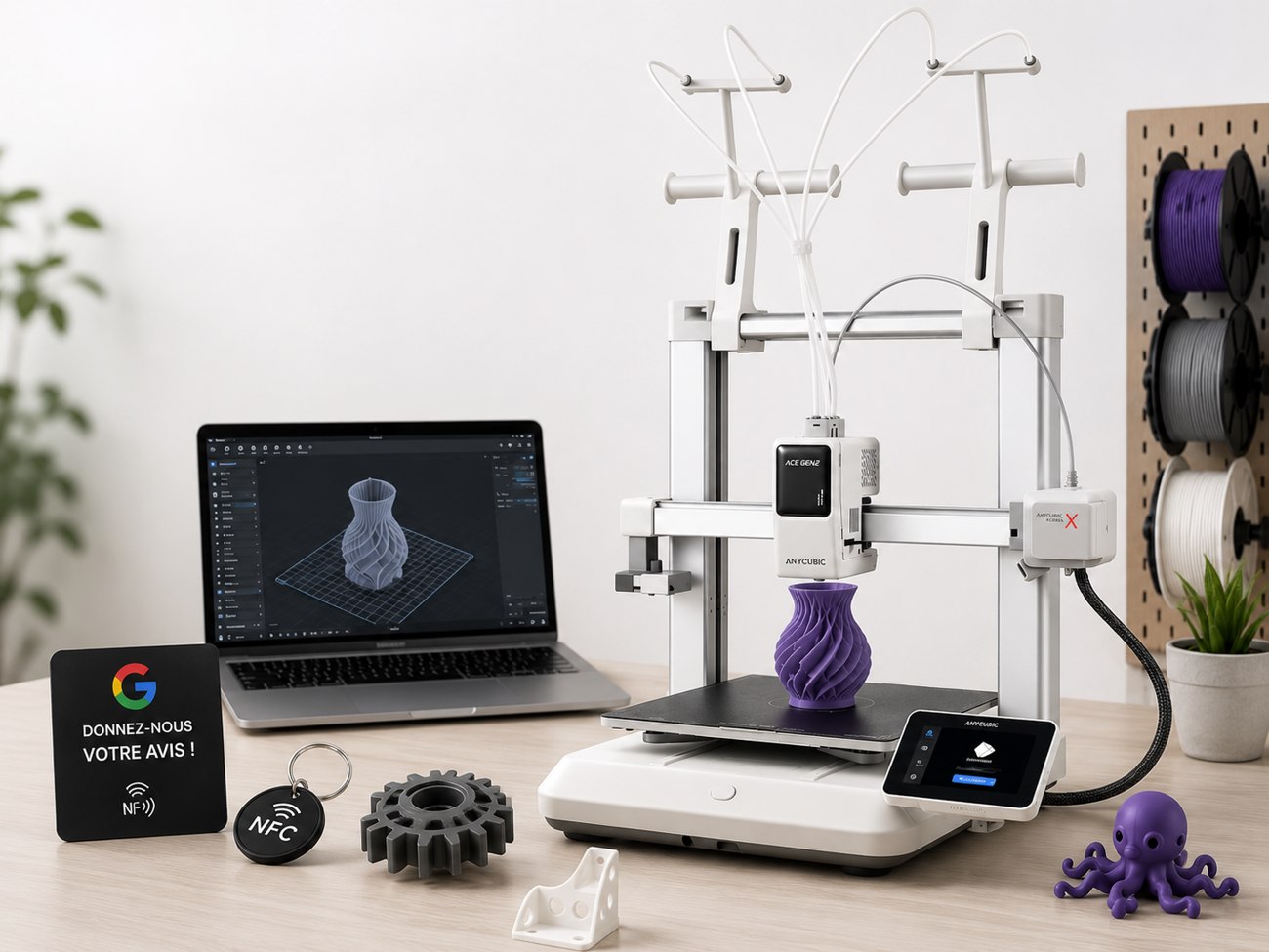 Atelier Printly Belgium : imprimante 3D, plaque avis Google, porte-clé NFC et pièces imprimées